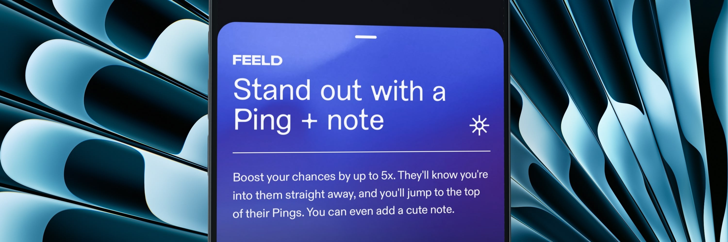 Feeld’s Ping and note prompt on a phone against dark blue folds