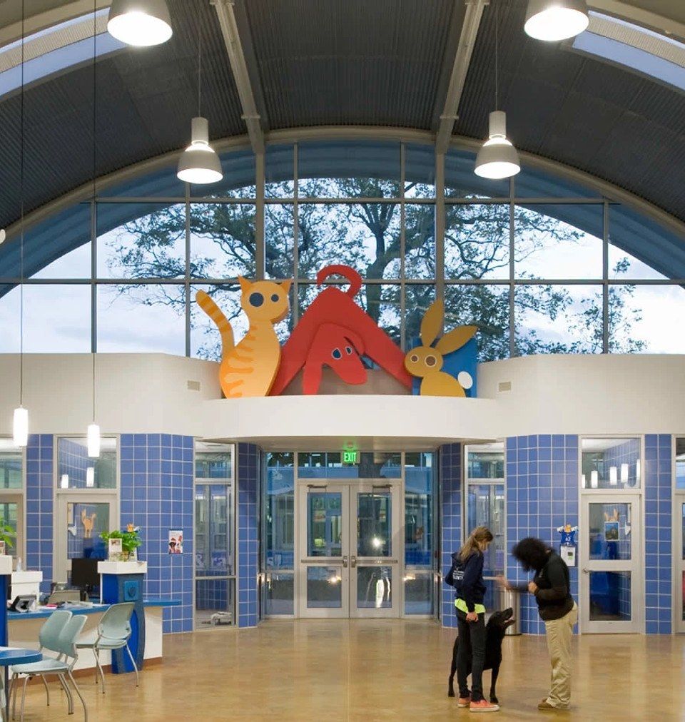 A tall arched lobby with large windows, colorful cat and dog cutouts above double glass doors, and two people with a black dog at the bottom.