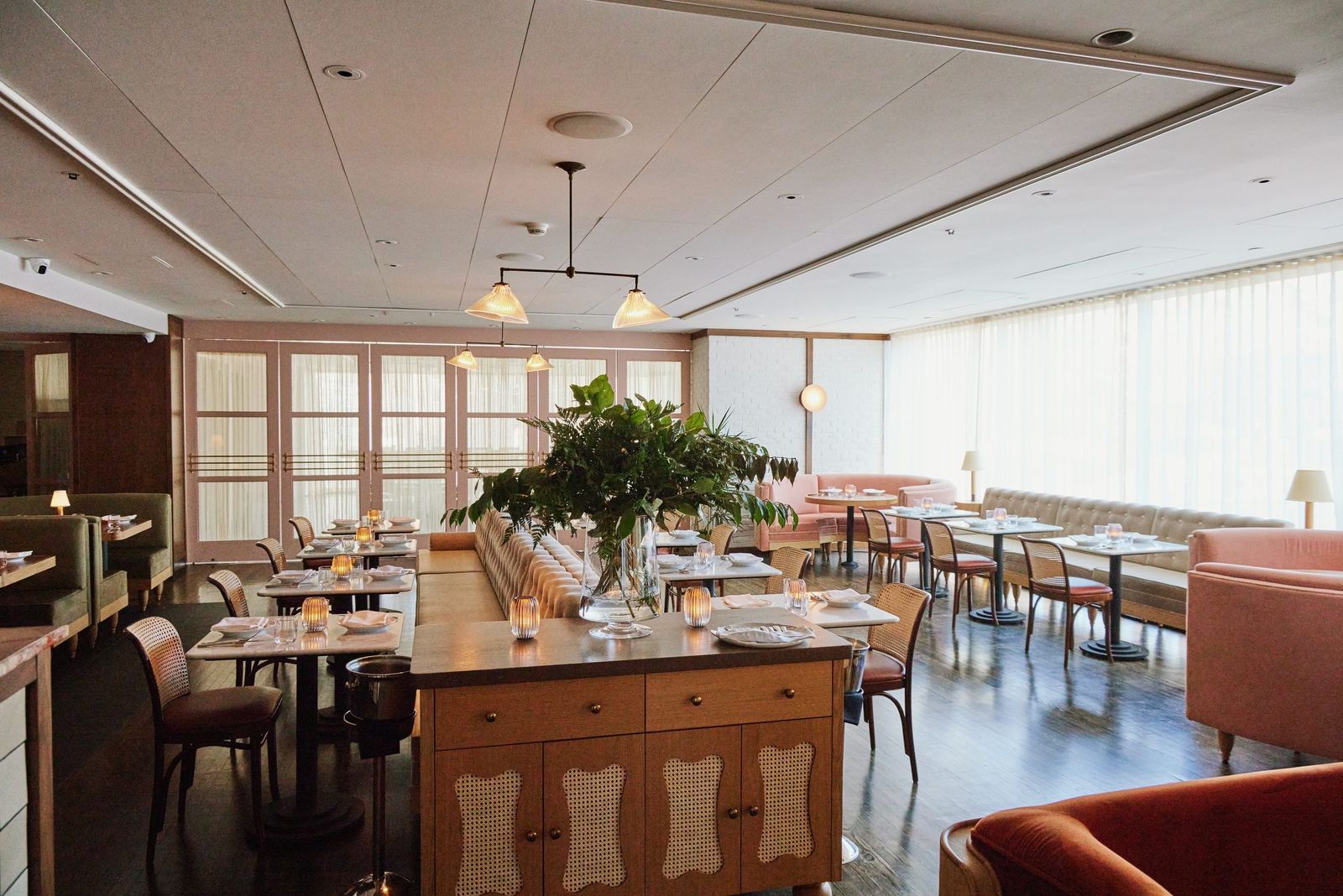 Dining room with wooden tables, banquette seating and a plant on a central counter