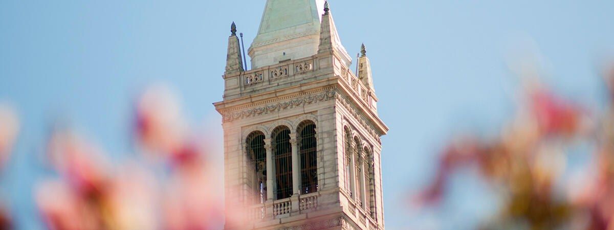 The tower's top with its arched openings against a blue sky, framed by pink blossoms.