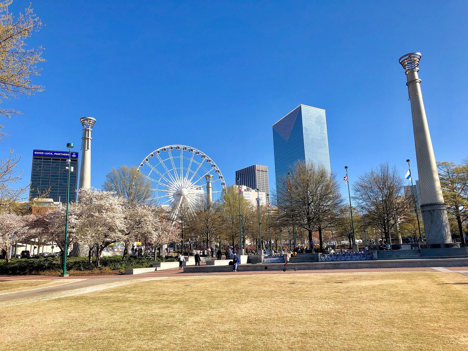 An open lawn in a city park with a Ferris wheel, tall towers and bare spring trees in the distance