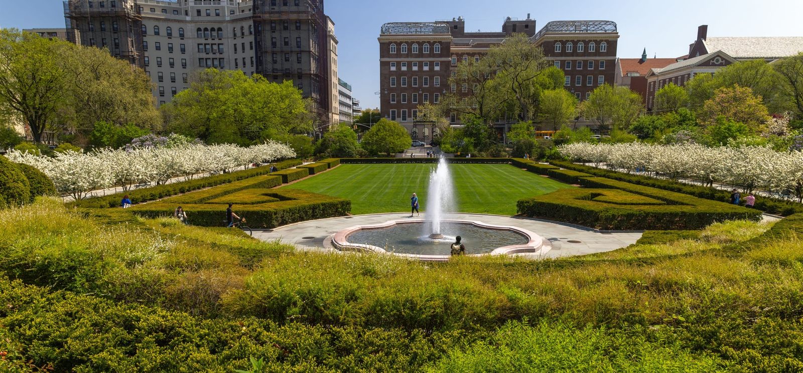 The Conservatory Garden fountain and clipped hedges with city buildings behind
