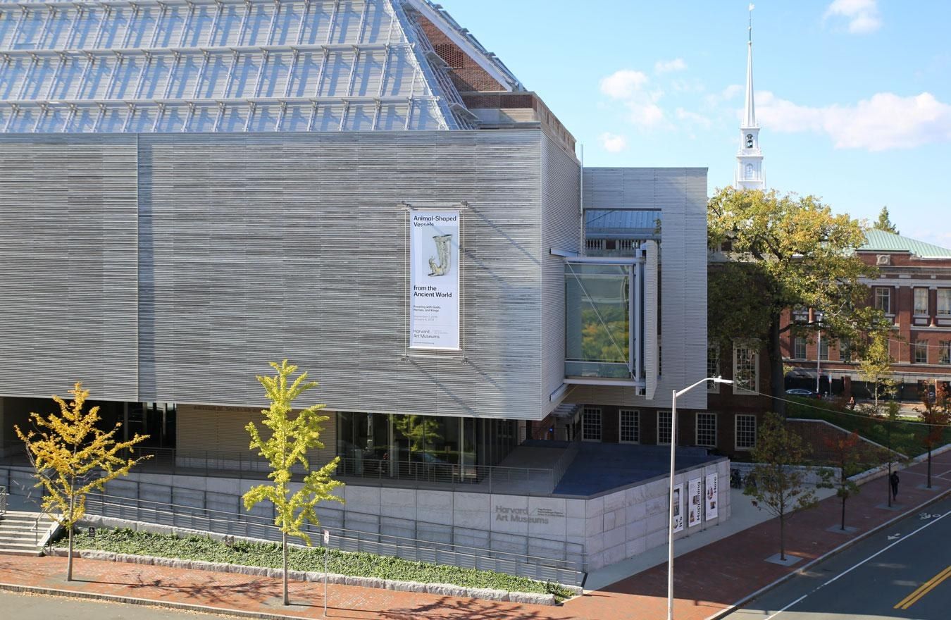 Modern museum building with a gray slatted facade beside a tree-lined street