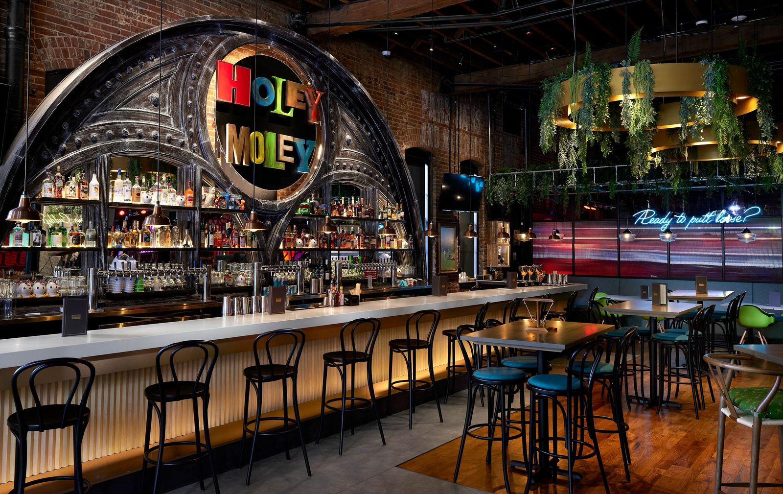 A long bar with stools under an arched Holey Moley sign, shelves of bottles behind it and neon signs along the back wall.