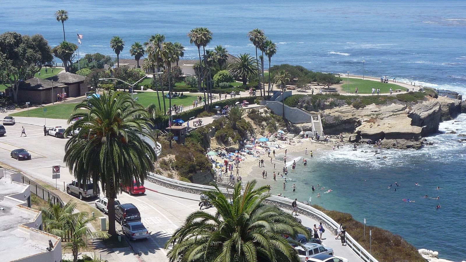 A coastal park with palm trees above a small cove and beach, with rocks and waves on the right.