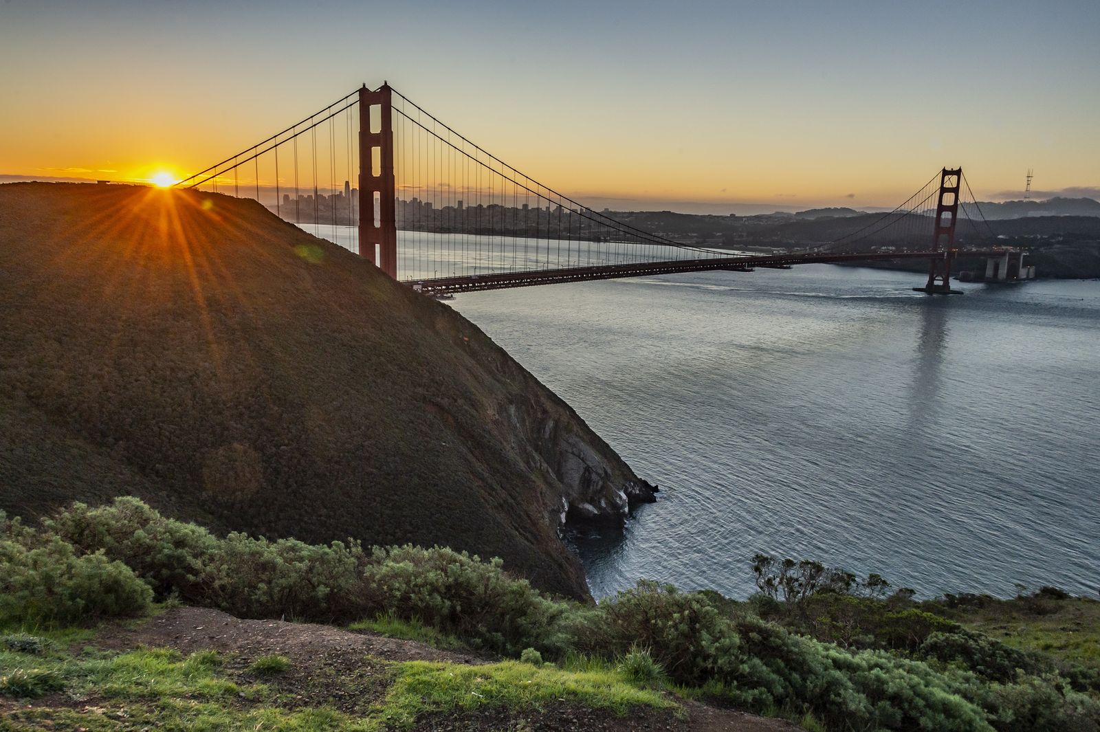 The Golden Gate Bridge at sunrise seen across the water from a grassy headland