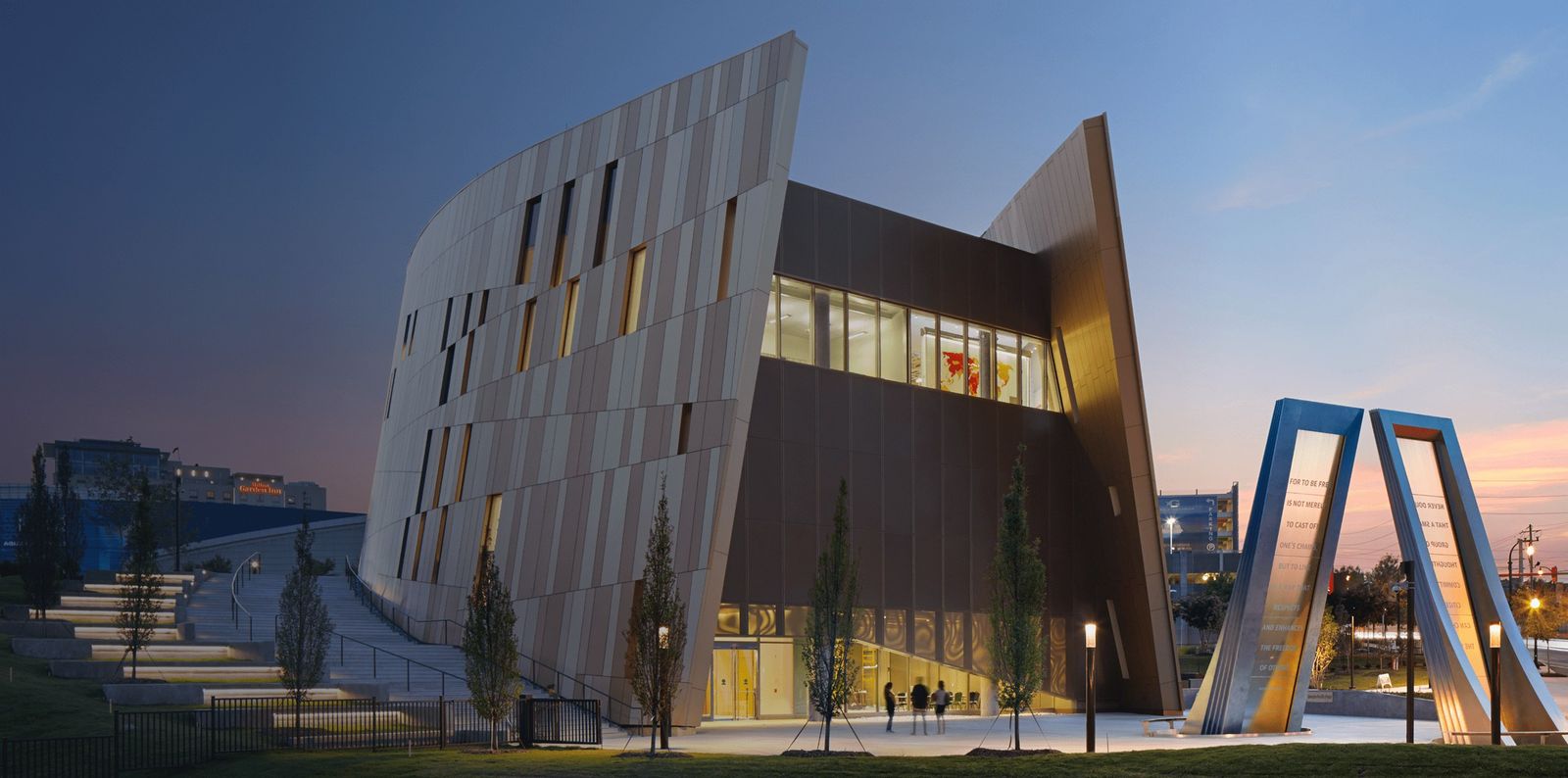 The angular exterior of the National Center for Civil and Human Rights at dusk