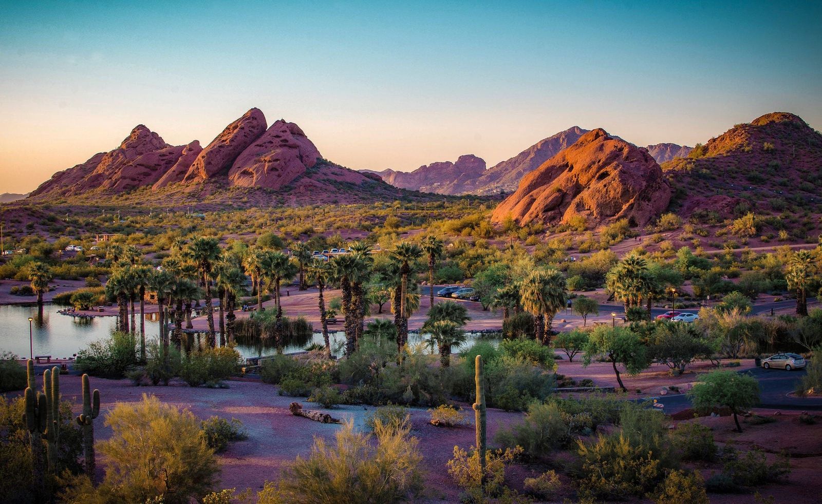 Red rock buttes above a desert pond and palms at sunset