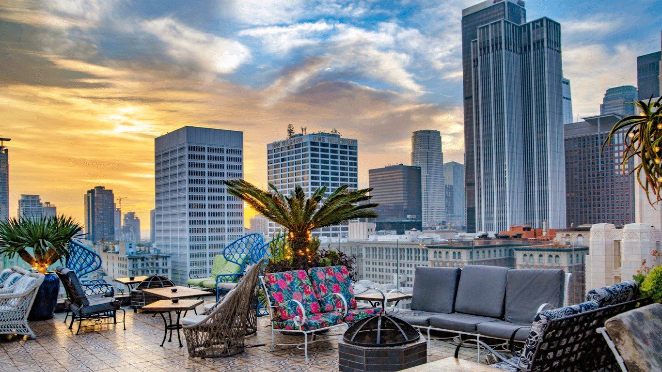 A rooftop lounge with sofas, a fire pit and patio chairs, with downtown skyscrapers behind at sunset.