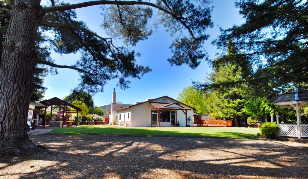 Low white restaurant building across a lawn, framed by tall trees