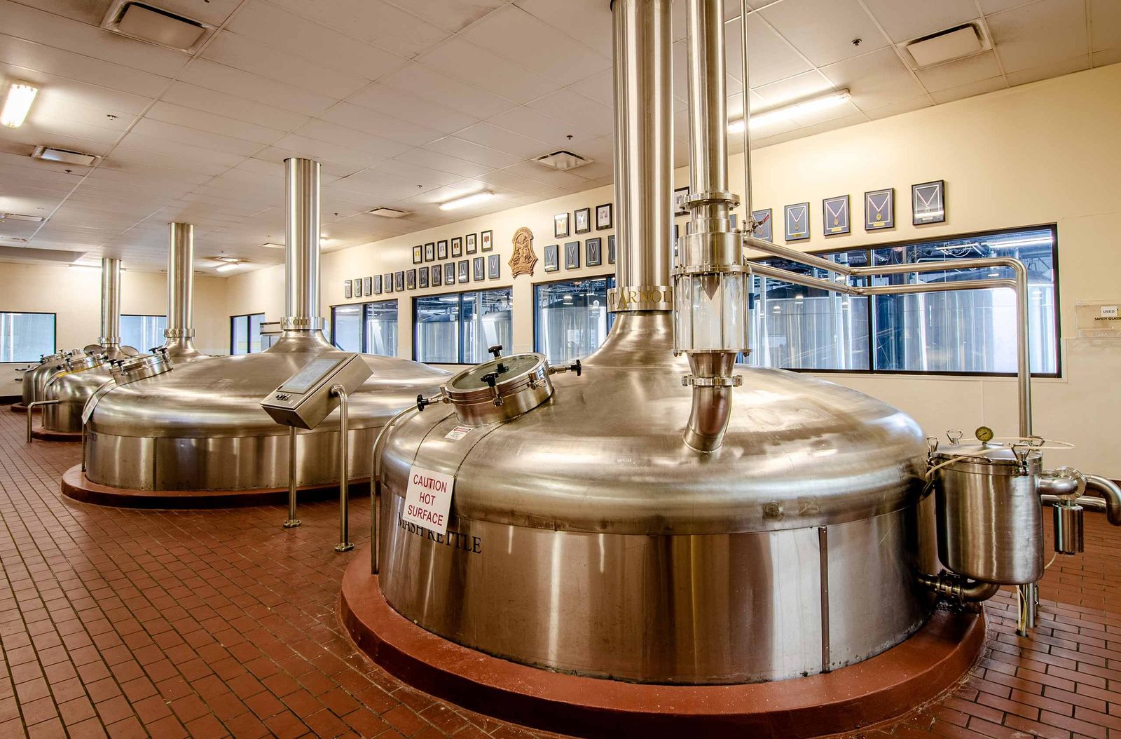Stainless steel brew kettles in the brewhouse at Saint Arnold Brewing Company
