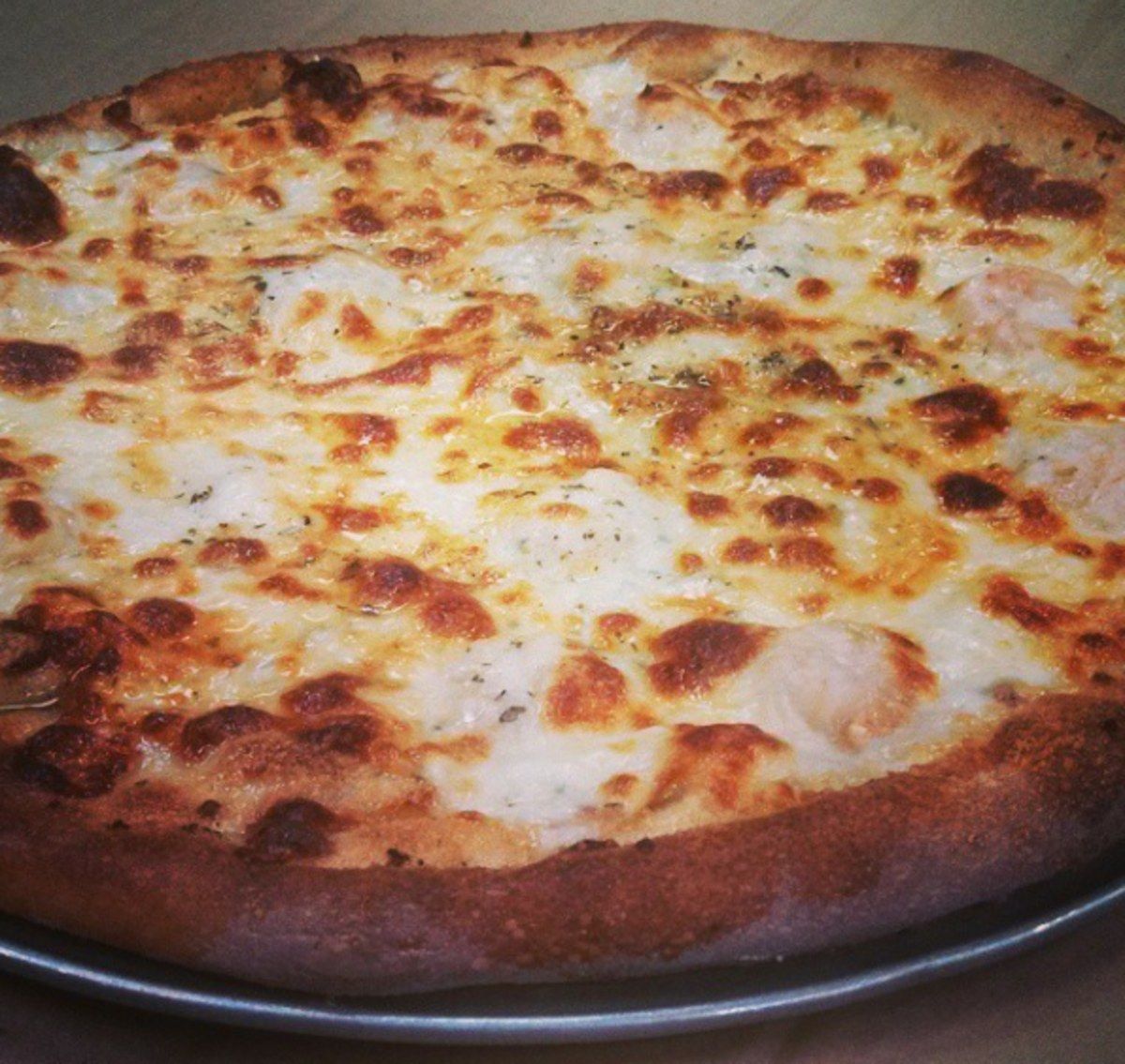 Whole cheese pizza with a charred, bubbly crust on a metal pan