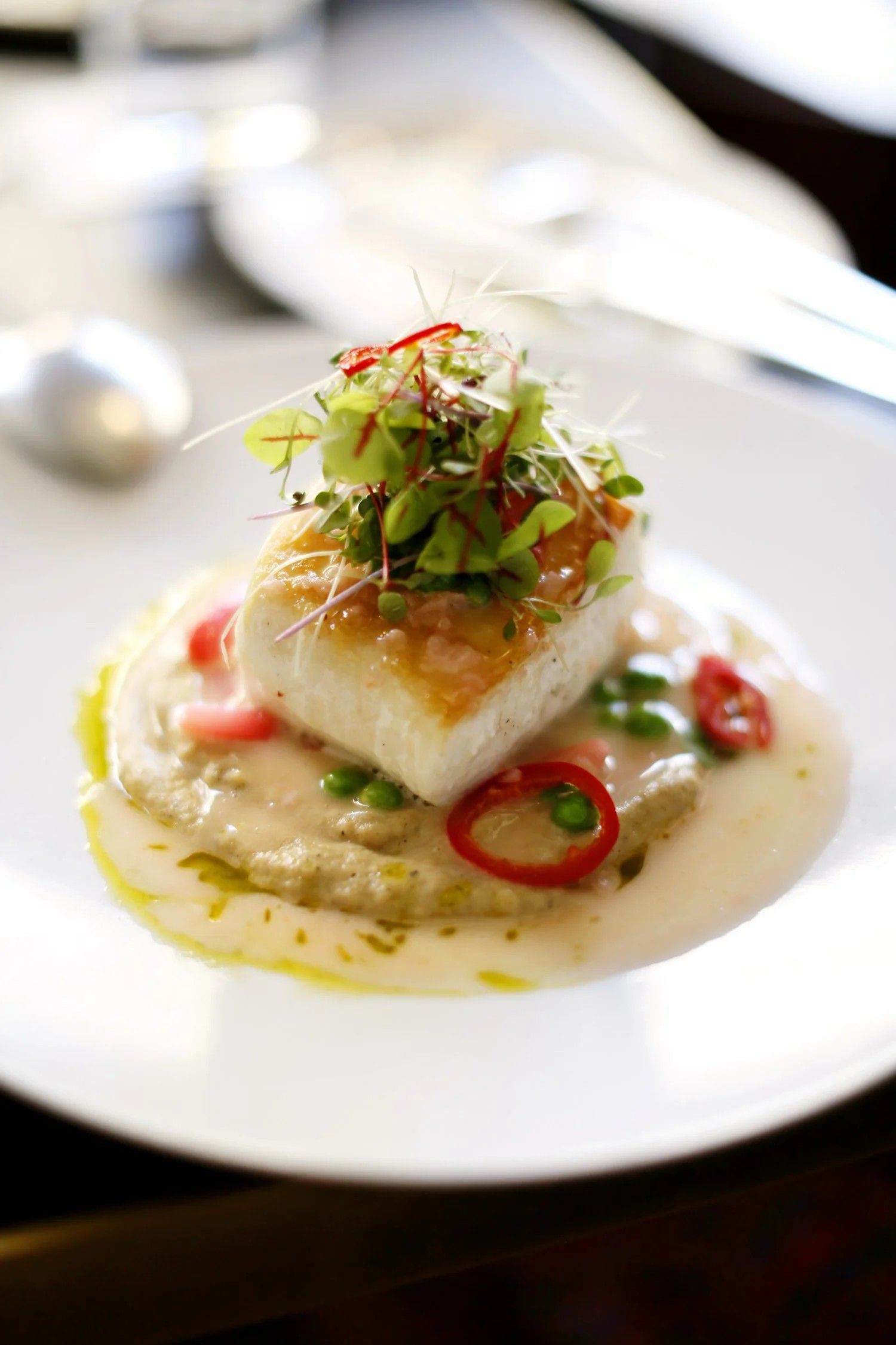 A plated piece of white fish topped with a fresh herb and pepper salad on a white plate.