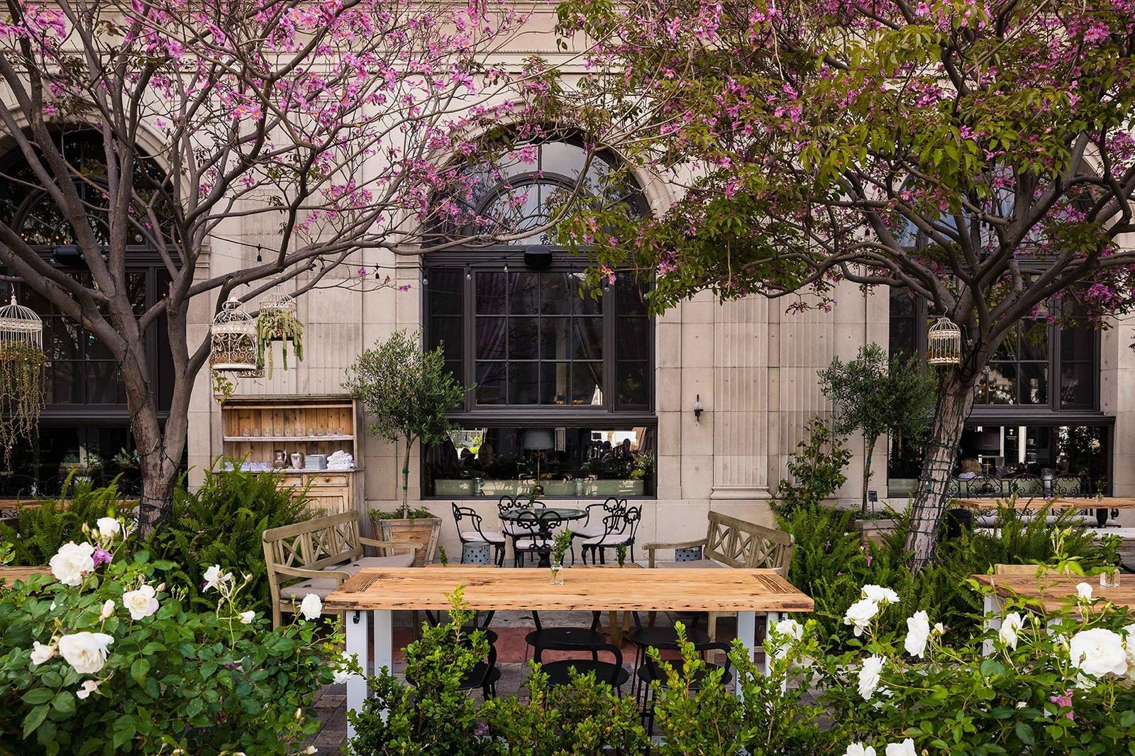 Garden courtyard with blooming trees and flowers in front of the hotel building and outdoor tables