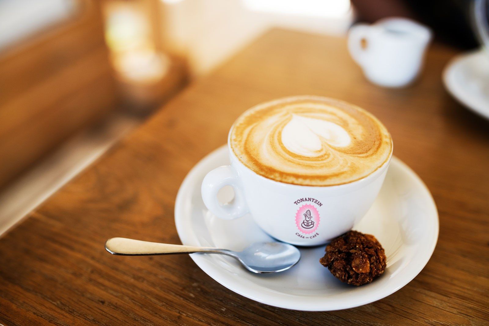 A cappuccino with latte art on a saucer with a cookie, on a wooden table.